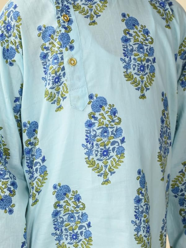 Image of superminis Boys Cotton Full Sleeves Side Open Sanganeri Printed Kurta With Pyjama Set