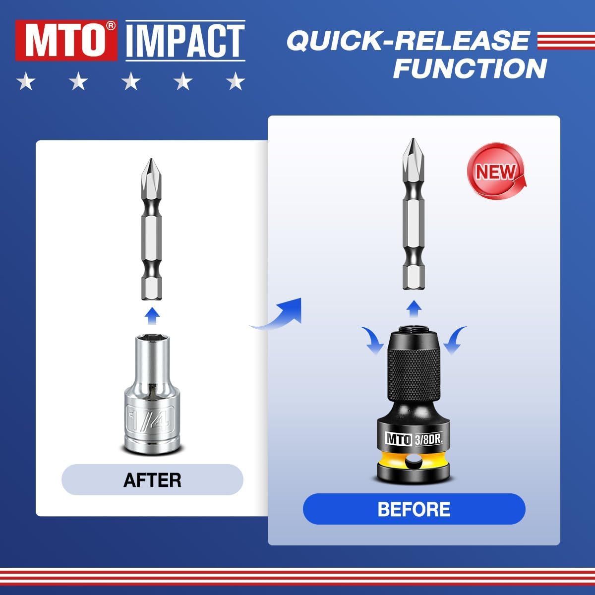 MTO 3/8-Inch Square Drive to 1/4-Inch Hex Socket Adapter, 2PCS Quick Release Impact Bit Holder, for Impact Wrench Ratchet, CR-MO