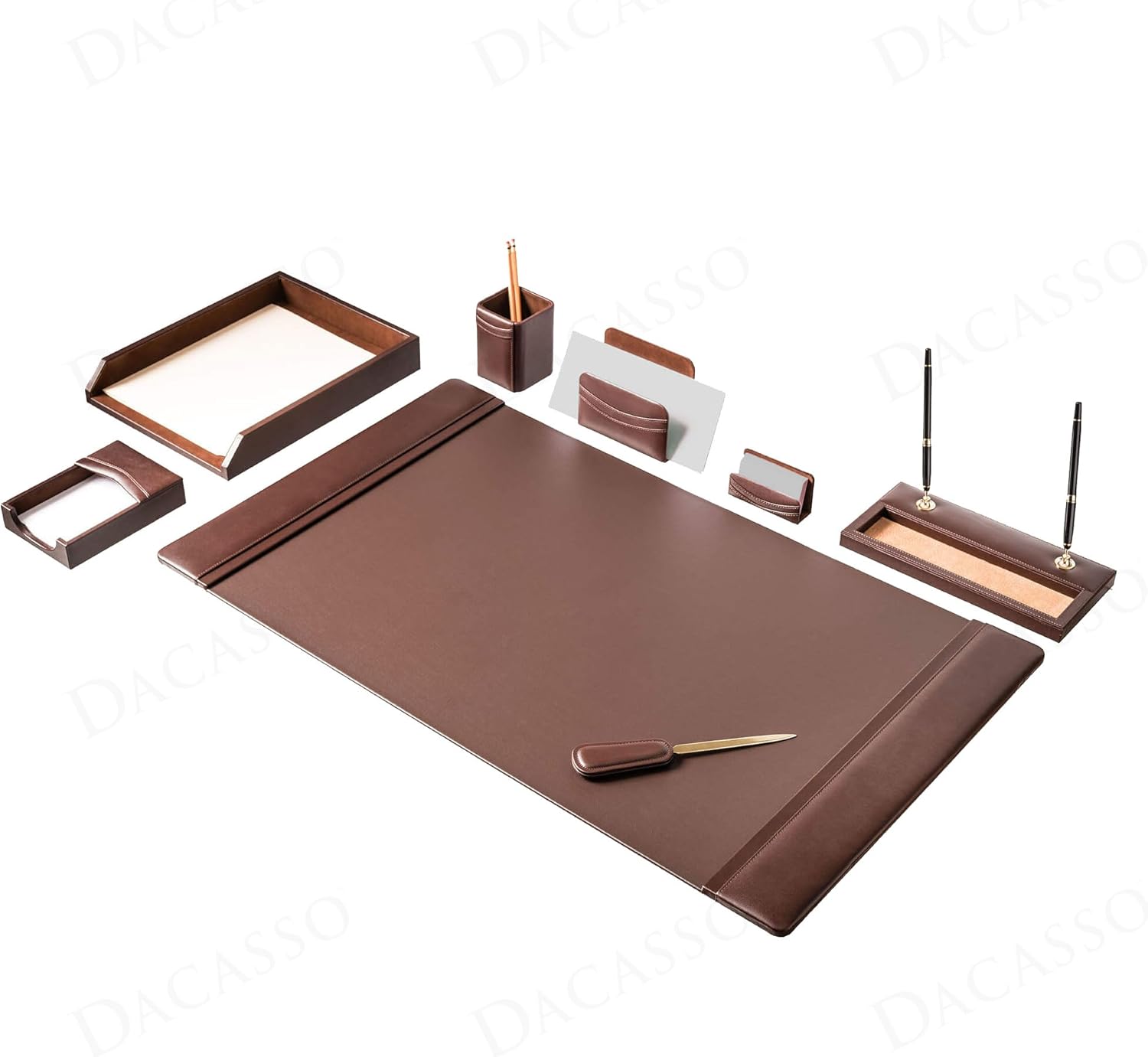 Dacasso Juego de escritorio de lujo de 8 piezas de cuero marrón chocolate, almohadilla secante y tapete de escritorio, elementos esenciales de