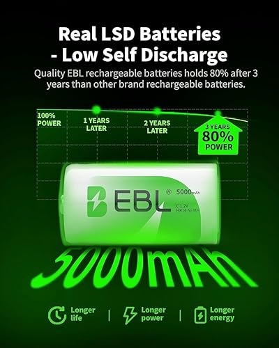 Miniatura 19 de EBL Baterías C recargables de 5000 mAh Ni-MH C, paquete de 8