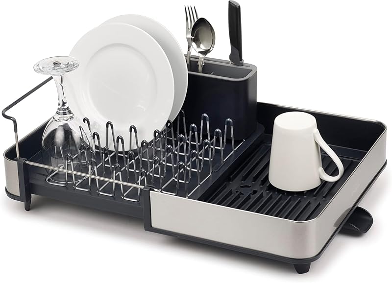 Joseph Joseph Escurreplatos Extensible con Piezas Dobles - Acero Inoxidable, Antirrayas, Escurridor de Utensilios celular y Boquilla de Drenaje, Gris