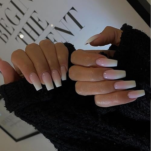 Miniatura 2 de Gradient Pink Press on Nails Long Square,KXAMELIE Ombre Medium Coffin Fake Nails Press on,French Glue on Nails,Opaque Acrylic Nails Set for Women