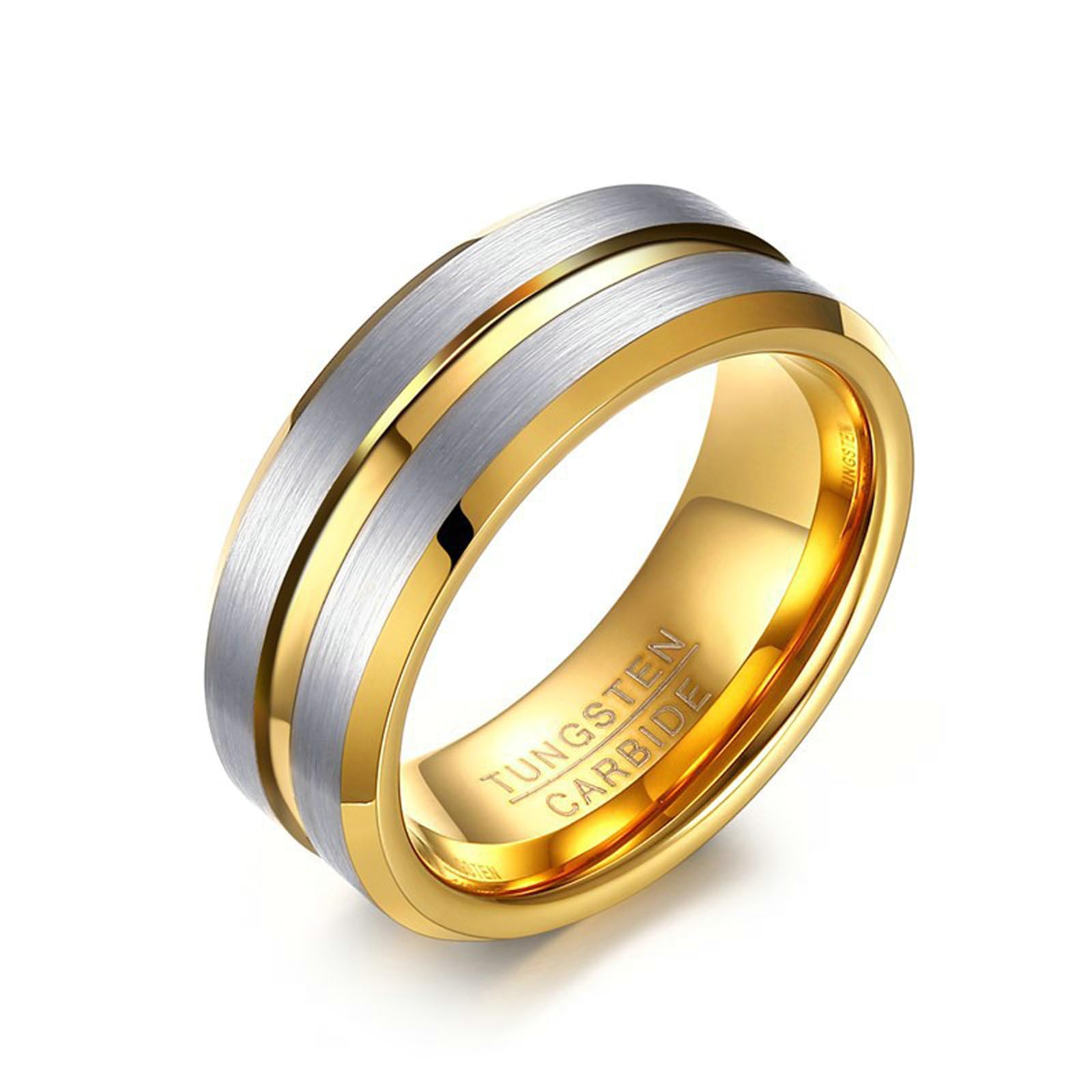 Anello in tungsteno oro e argento da uomo, 8 mm, spazzolato, con scanalatura, anello di fidanzamento