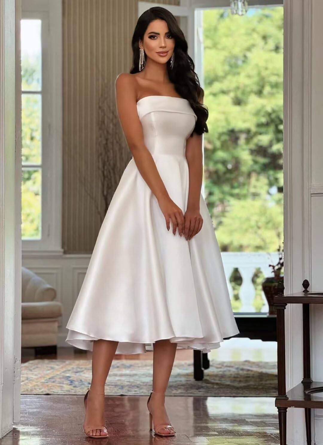 Tea Length Satin Cocktail Party Dresses for Women, Strapless Midi Formal Evening Gowns Backless Wedding Guest Dresses