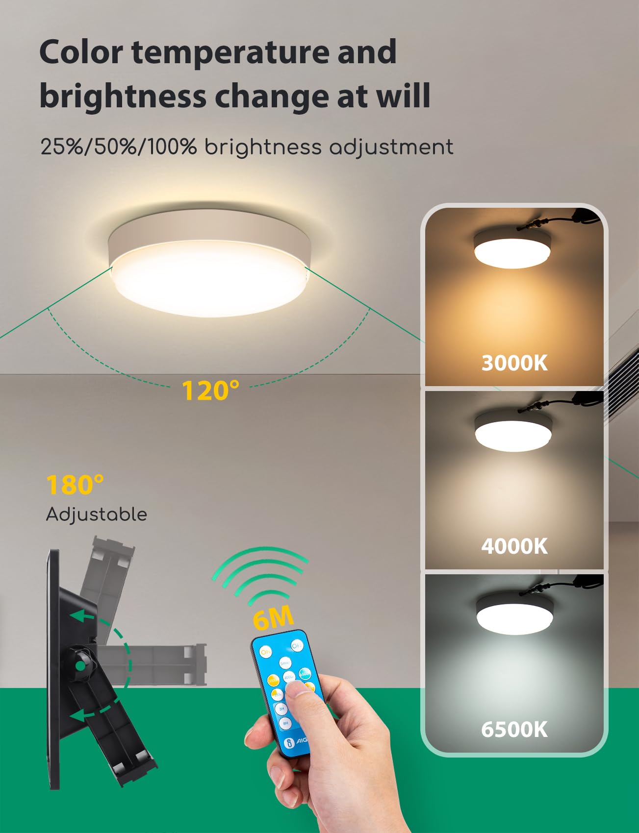 Aigostar Zewnętrzne lampy solarne 50 W, LED, z pilotem zdalnego sterowania, IP65, regulowana temperatura barwowa 3000 K/4000 K/6500 K, lampa sufitowa do użytku wewnątrz i na zewnątrz, z kablem o