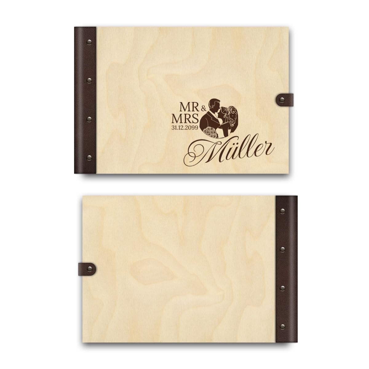Personalisiertes Hochzeit Gästebuch echtes Holz DIN A4 Hochzeitsbuch mit Lasergravur - Mr und Mrs - mit 72 Blatt / 144 Seiten Naturpapier Weiß