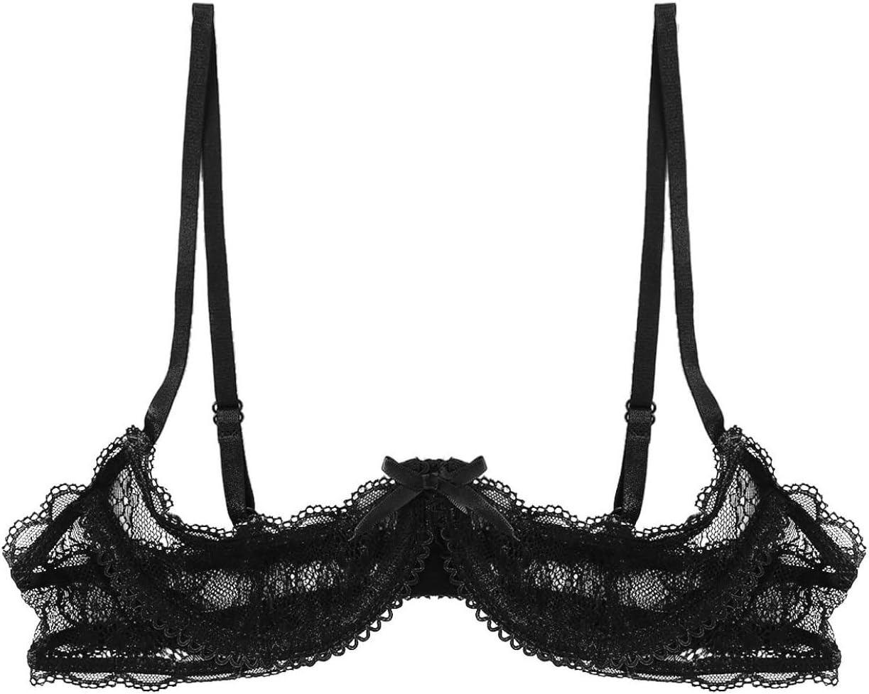 TTAO Women's Sheer Lace Lingerie Quarter Cup Underwired Shelf Bra Push Up Unlined Bralette Balconette