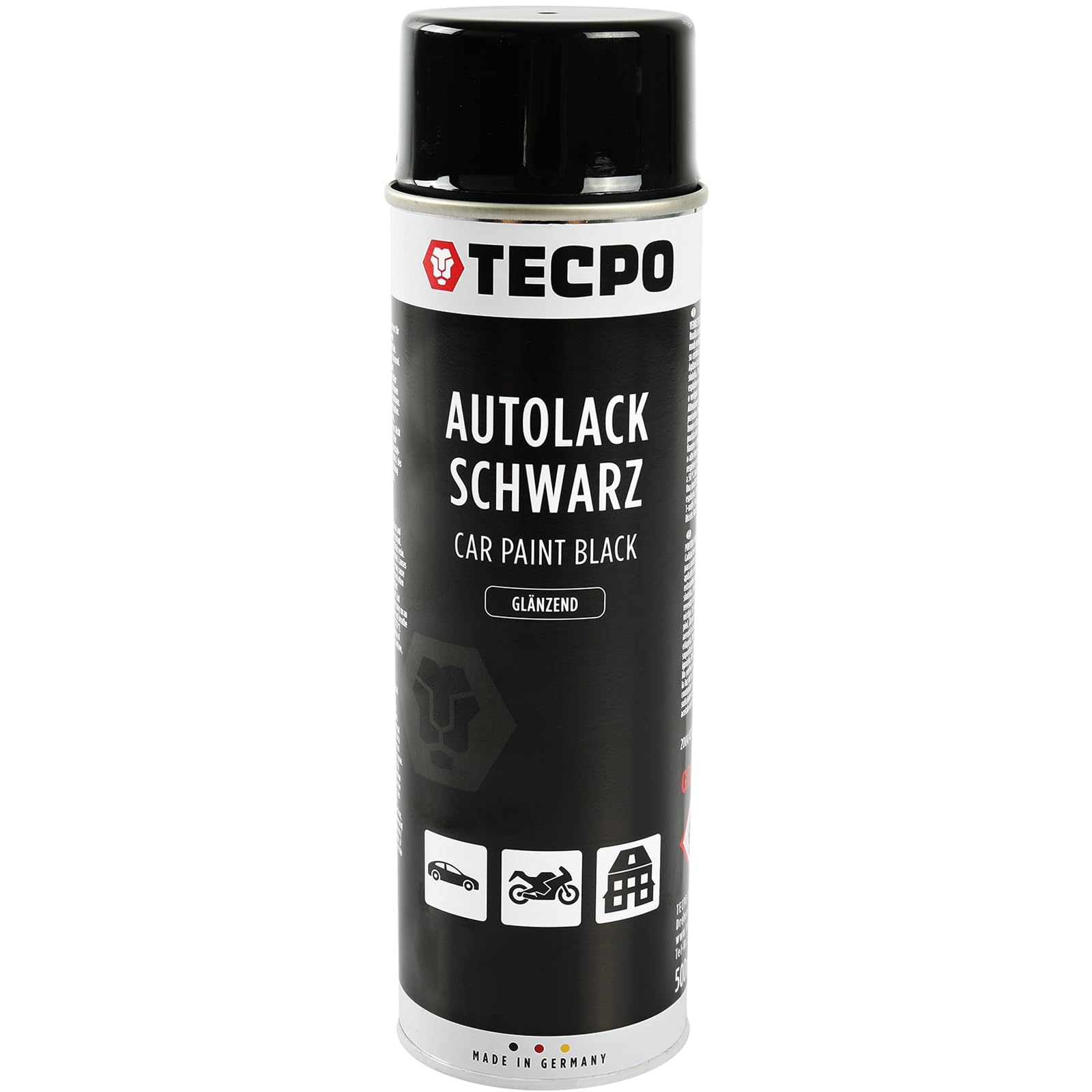 TECPO Lackspray schwarz glänzend, 6x500ml Autolack Rallyschwarz Sprühlack Farbspray mit hoher Deckkraft für Innen- und Außenbereich