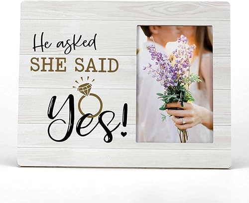 FONDCANYON Marco de fotos con texto en inglés He Asked And She Said Yes, marcos de fotos de propuesta, regalos de compromiso para él, su novia para