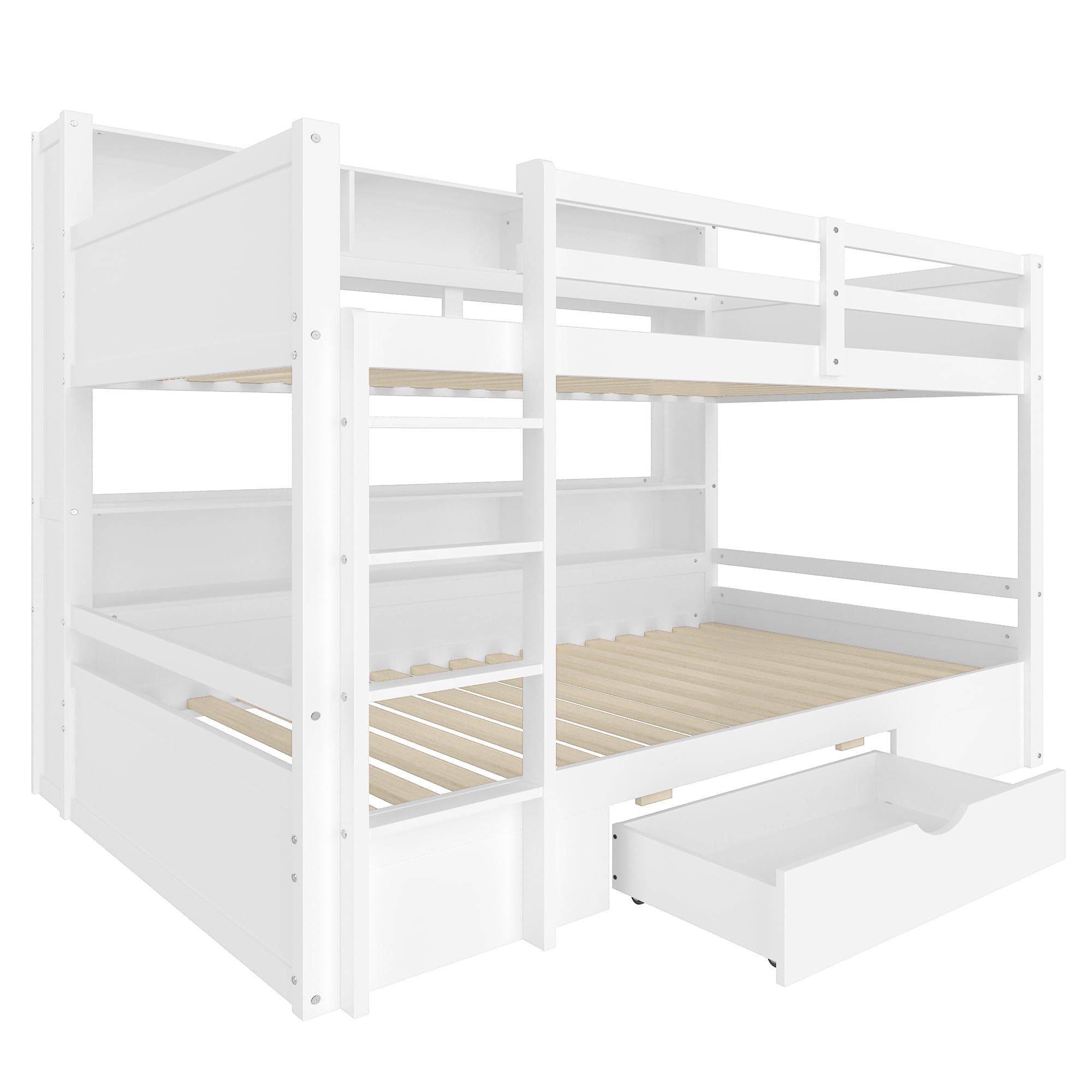 Letto a castello, 90 x 200 cm, in legno, con rete a doghe, cassetti e scomparti di stoccaggio, per adulti, adolescenti (bianco, 90 x 200 cm)