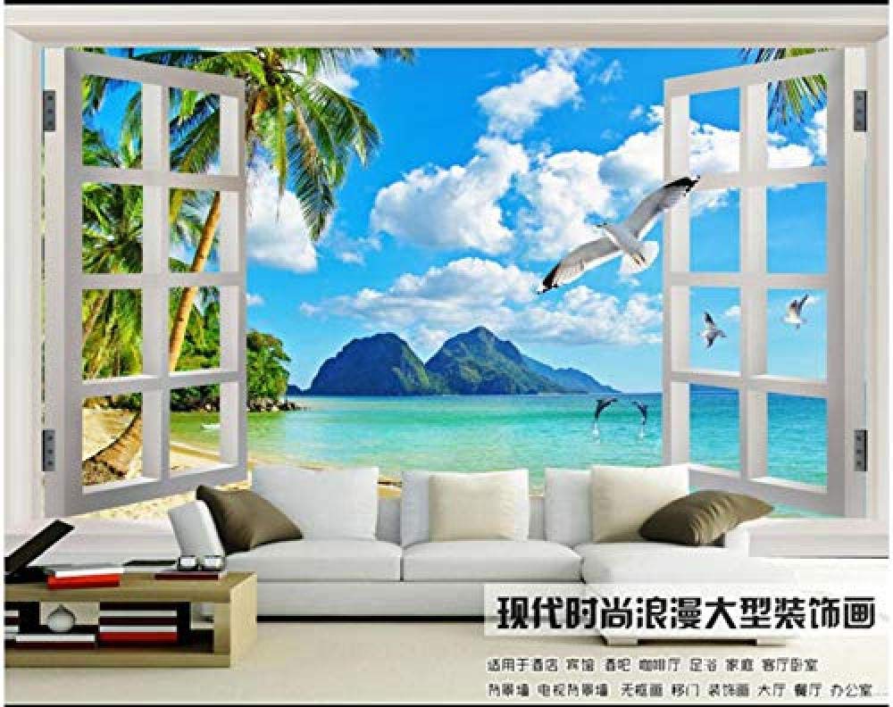 Carta da parati murale con finestra sul mare, albero di cocco per pareti Carta da parati fotomurali poster murale Soggiorno camera letto minimalista tv sfondo-250cm×170cm
