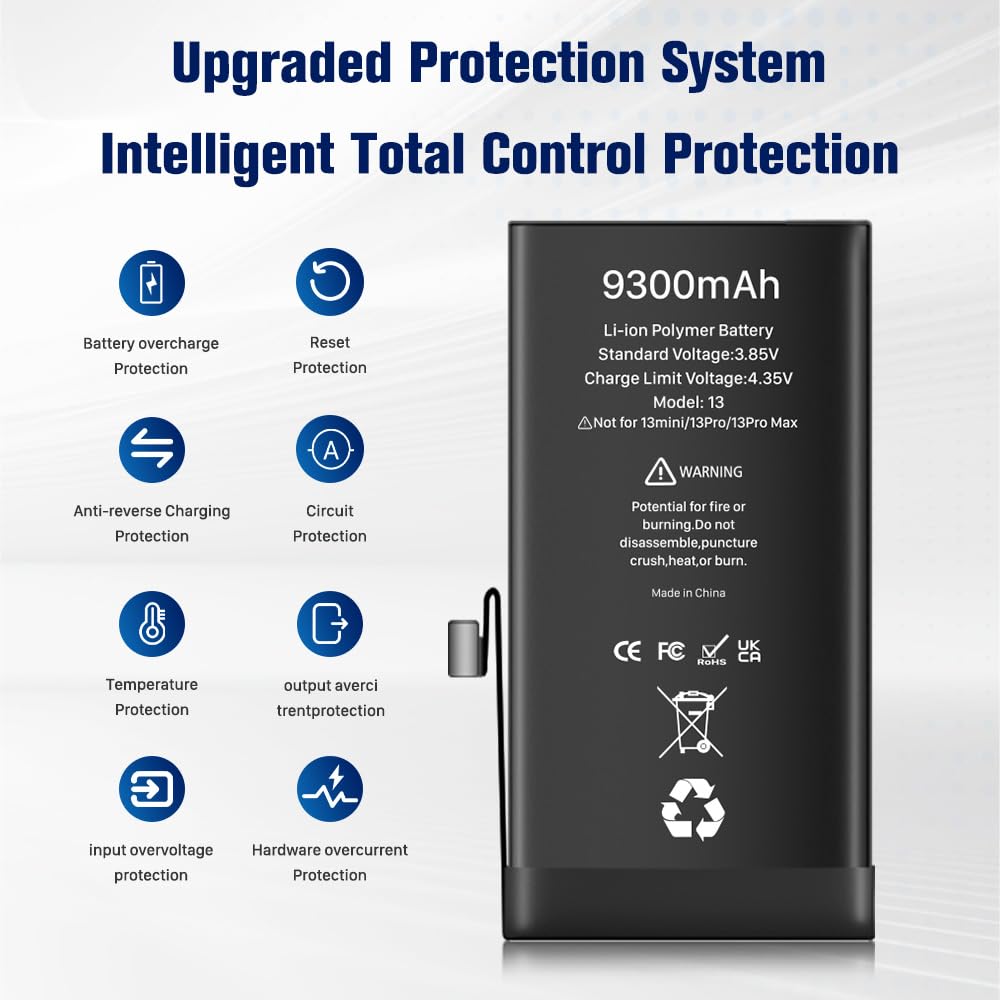 9300mAh High Capacity Replacement Battery for iPhone 13, Upgrade Replacement Battery with Pro Replacement Tool Kit for iPhone 13(A2635 A2634 A2633 A2631 A2482)