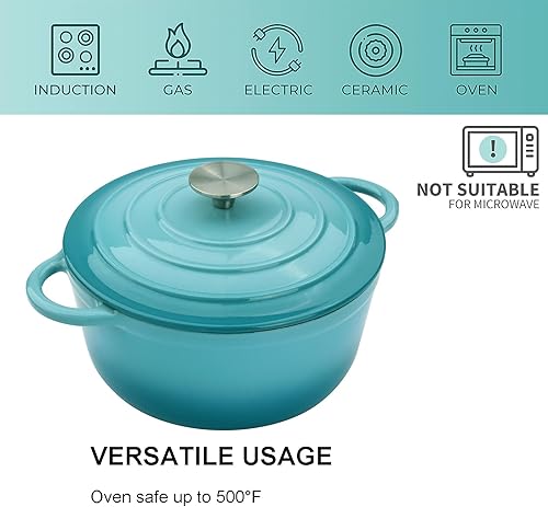 Miniatura 6 de Horno holandés de hierro fundido esmaltado de 4.5 cuartos de galón con tapa, horno holandés redondo grande de doble asa, olla redonda clásica para