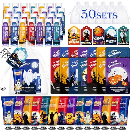 50 Pack Halloween Hand Cream Facial Mask and Lip Balm Set Bulk Halloween Gifts for Women Halloween Decorations Halloween Party Favors Halloween Basket Stuffers and Halloween Skincare