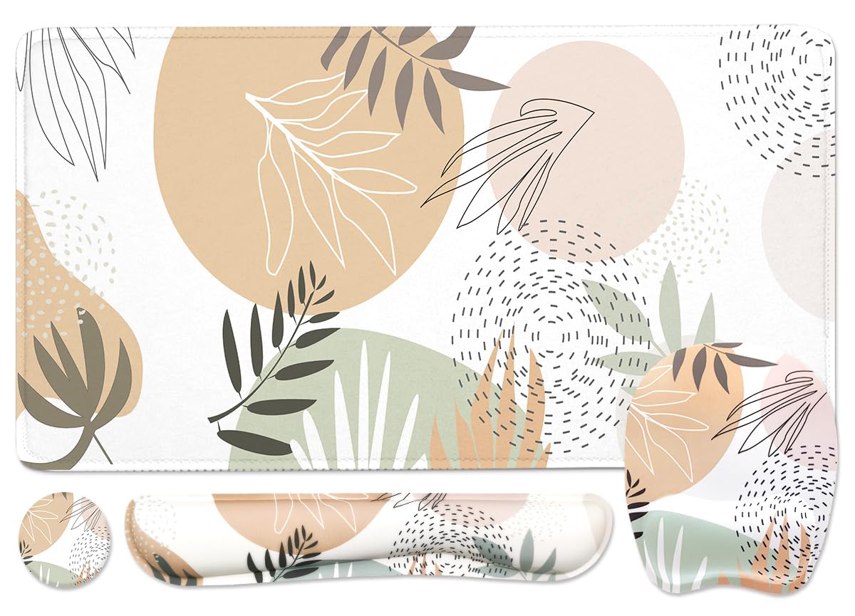 Keyboard Wrist Rest Large Mouse Pad Wrist Support for Computer, 4 in 1 Memory Foam Keyboard Pad Desk Mat Ergonomic Hand Rest Wrist Cushion for Home Office Gaming - Minimalist Plant