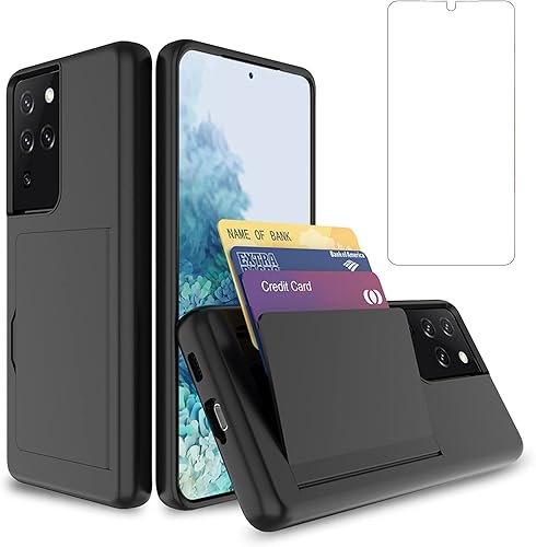 Asuwish Funda compatible con Samsung Galaxy S21 Ultra Glaxay S21ultra 5G y protector de pantalla de vidrio templado, soporte para tarjeta de crédito