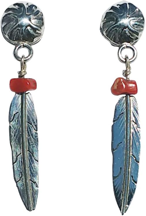 Small Sterling Silver Genuine Handcrafted Navajo Post Hanging Feather Sythetic Coral - Medium Size