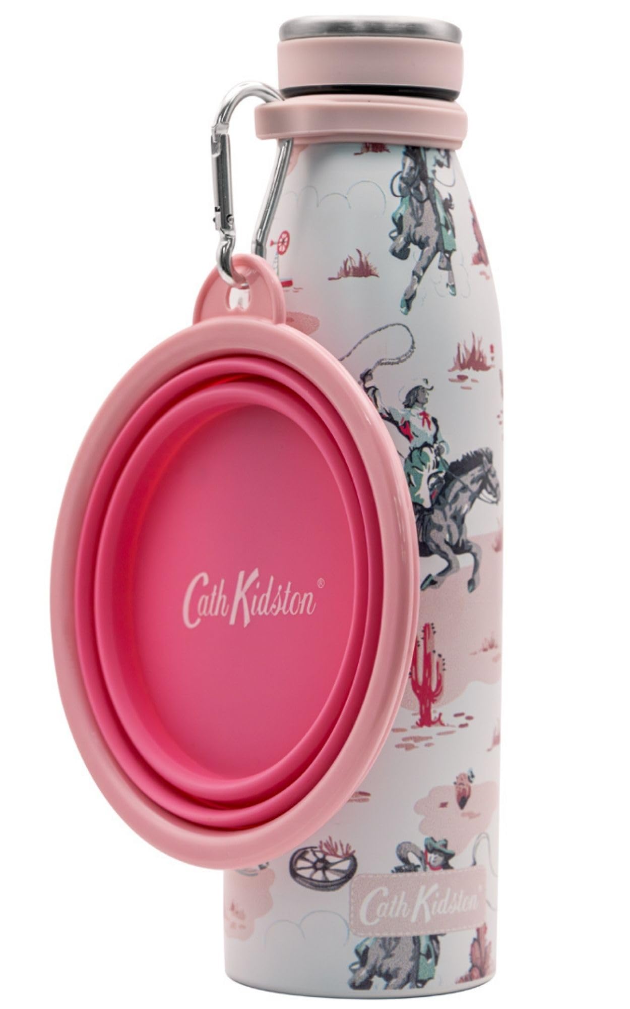 Cath Kidston Travel Dog Water Bottle (500ml) with Collapsible Bowl (380ml), Portable Outdoor Travel Set for Pets, Leakproof Stainless Steel Water Bottle for Walking, Camping, Hiking - Cowgirl Print