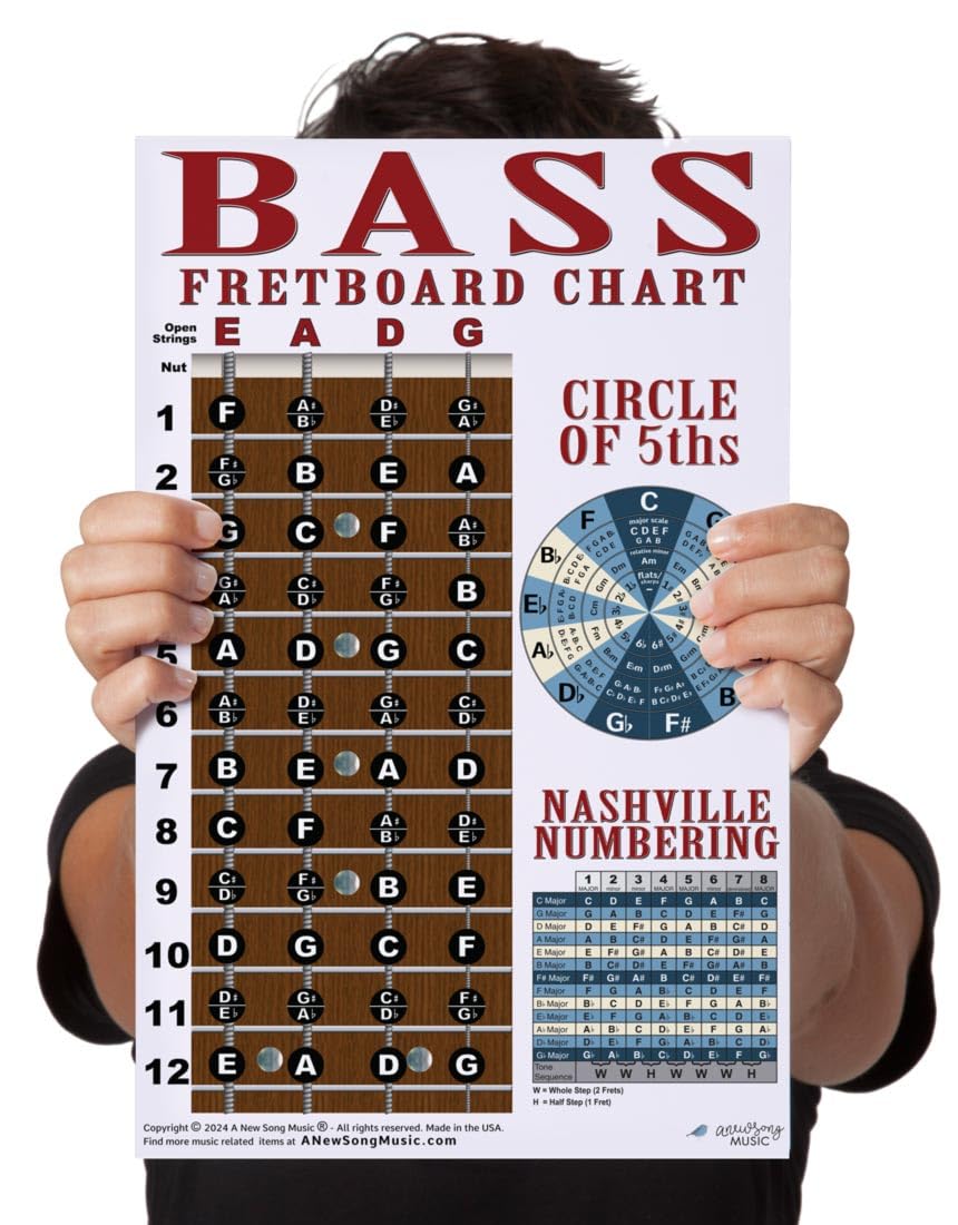 A New Song Music Laminated 4 String Bass 11x17 Instructional Chart Poster with Circle of 5ths Nashville Numbering System