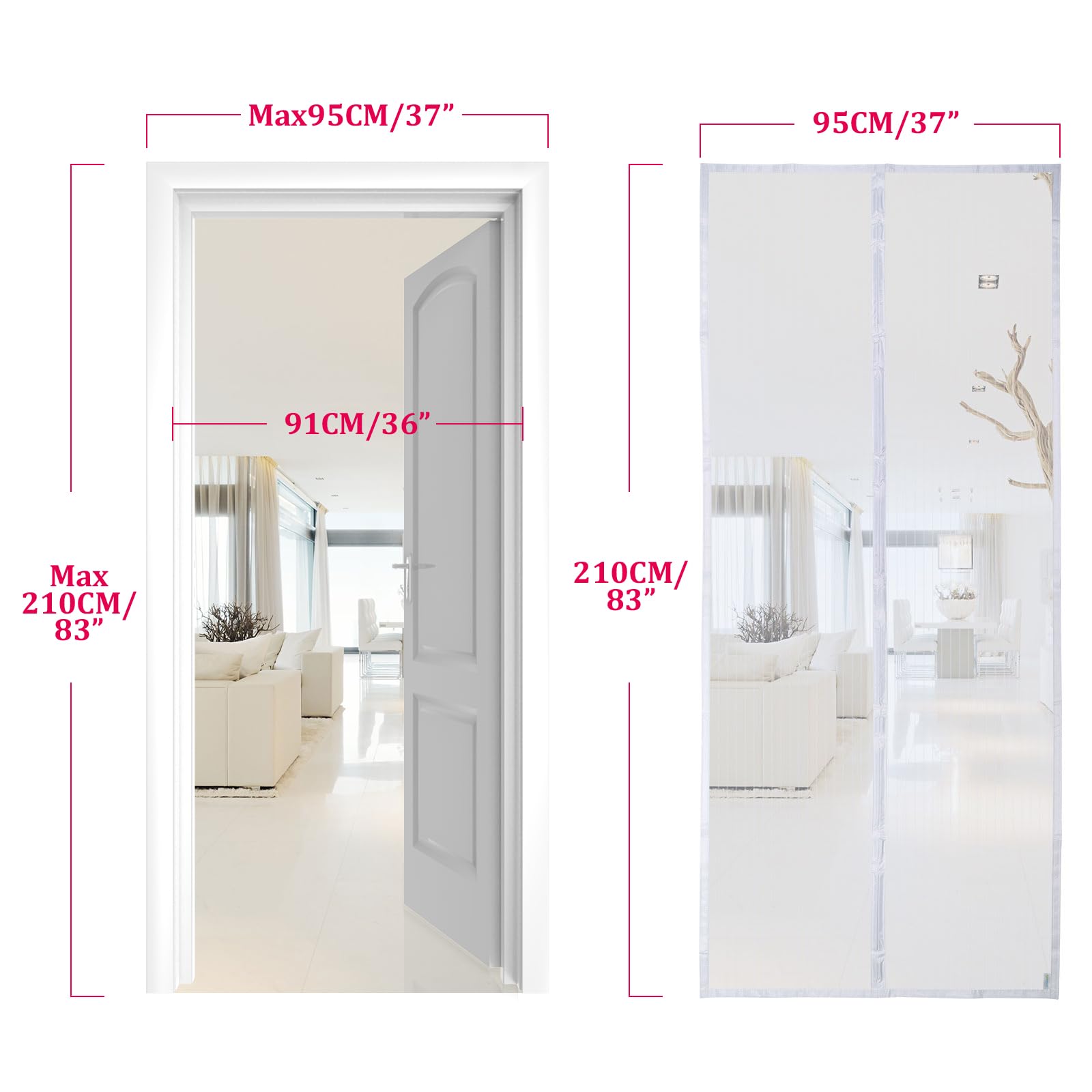 Apalus Zanzariera con Magneti per Porte, Rete Fine, Tenda Totalmente Magnetica, si Chiude da Sola - Non Accorciabile (95x210 CM. Bianco)