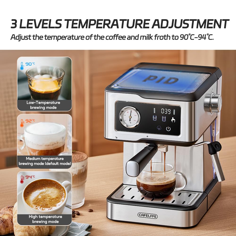 Ekspres do kawy Cafelffe MK-901 z spieniaczem do mleka – 950 W / 1,5 l, pompa 20 barów, inteligentny ekran dotykowy, obudowa ze stali nierdzewnej, mocna para do latte/cappuccino