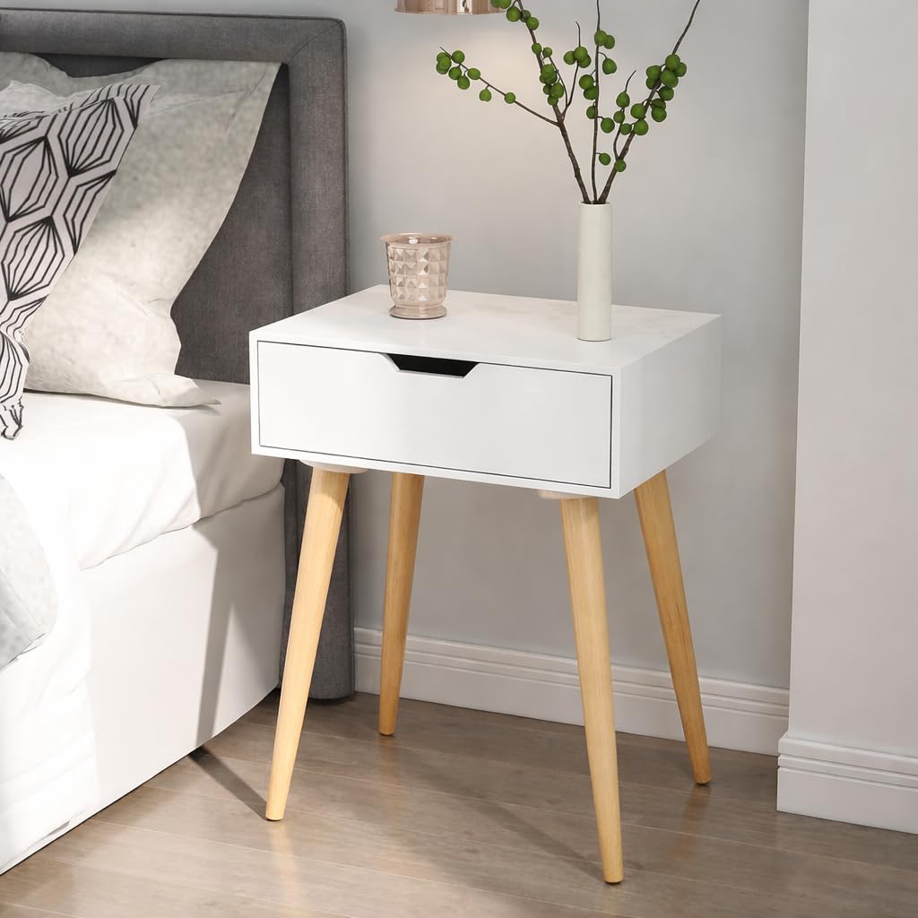 Device Bas with BROWN ART SHOPPEE Nightstands End Side Table with Drawer and Solid Wood Legs, Bedside Table for Bedrooms, Mid-Century Modern Drawer Storage Cabinet for Living Room Furniture (White)