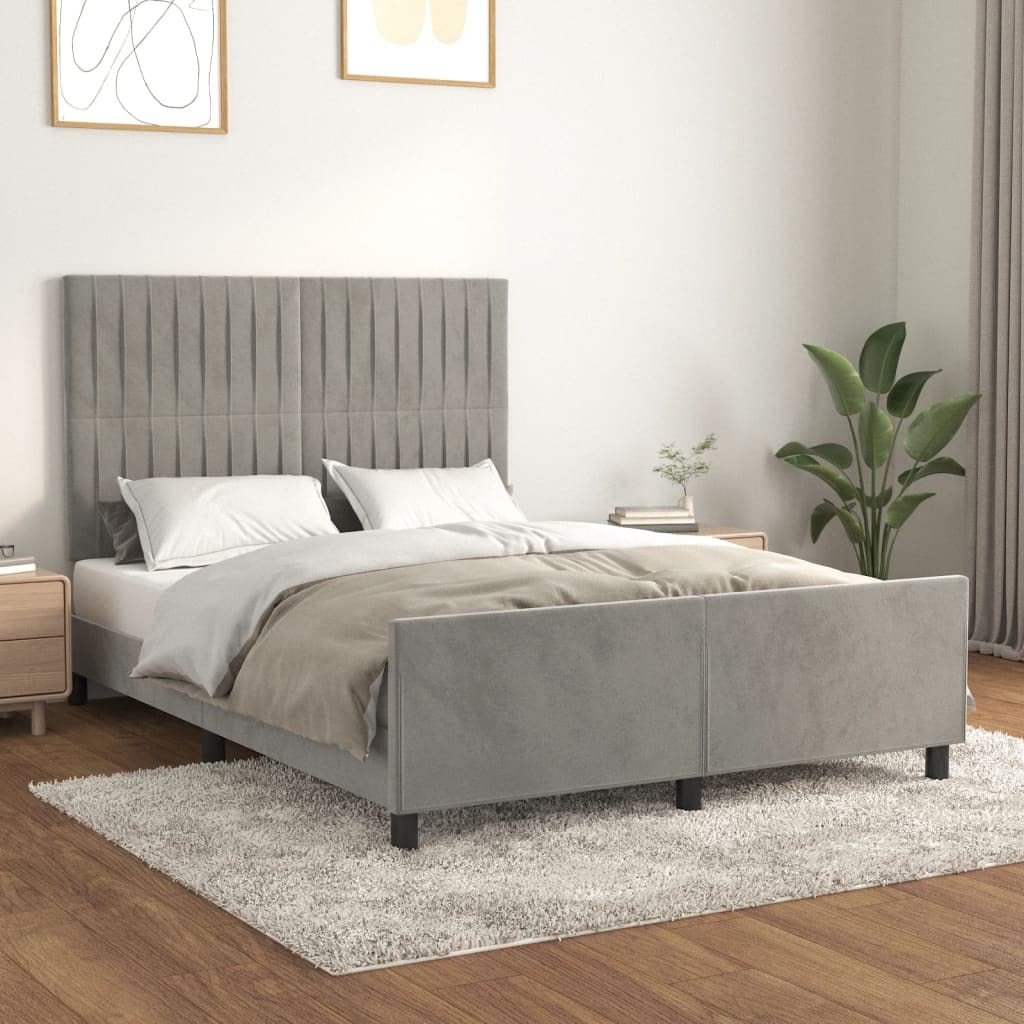 Aksamitna rama łóżka, jasnoszara, 140 x 200 cm, zagłówek z regulacją wysokości, wytrzymała rama drewniana, rama łóżka Queen Size do sypialni, mebli