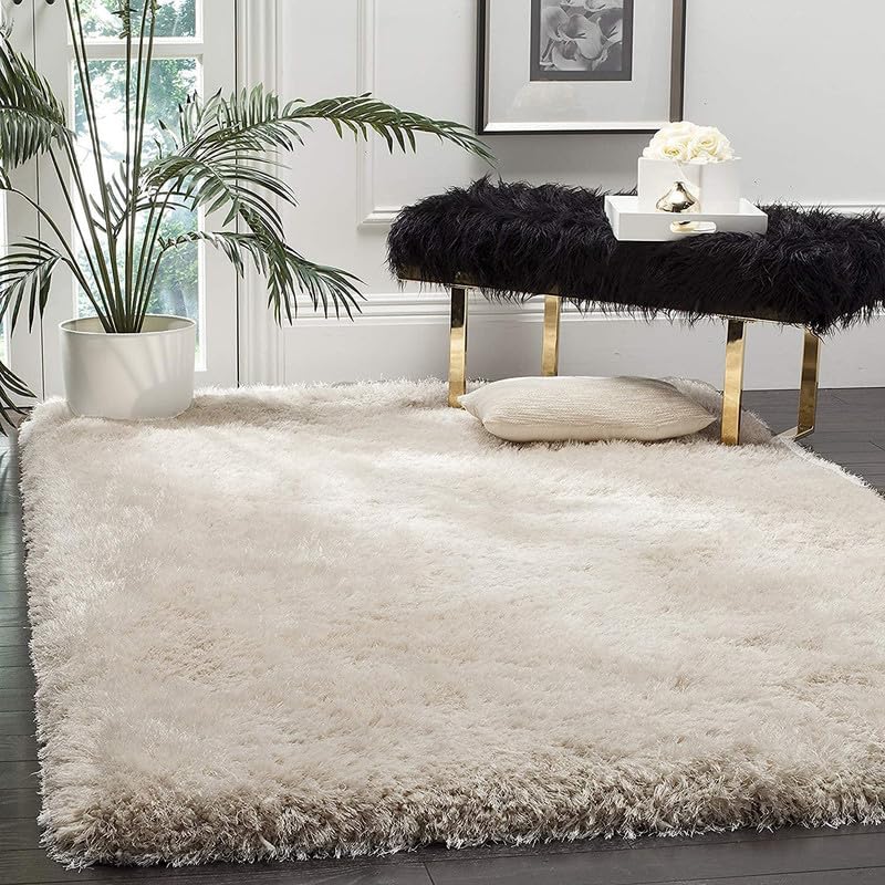 Image of FIASCO Polyester Shaggy Bedside Runner, Soft Indoor Modern Shaggy, Soft Rugs for- Living Room, Dinning Room, Office, Bedroom & Hallway Carpet Rugs Size 3X6 Ivory