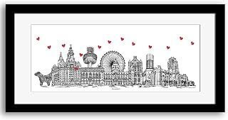 Liverpool skyline art print, Mounted, Framed, hearts, 50 cm x 23 cm, Black, White, Red, Liverpool print