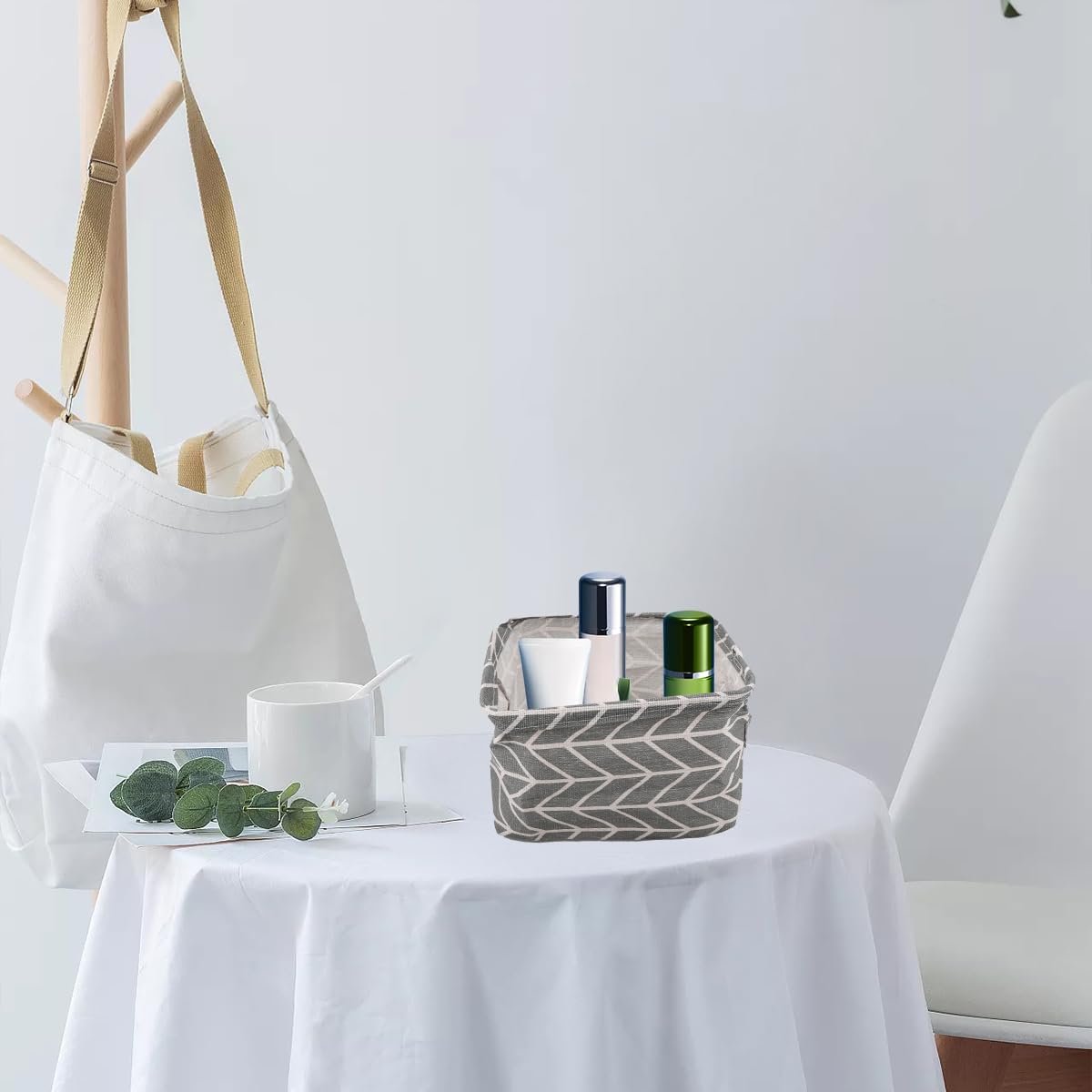 Set Da 5 Cestini Portaoggetti In Tessuto – Pieghevoli E Impermeabili – 20x16x13 Cm – Bianco Con Fantasie