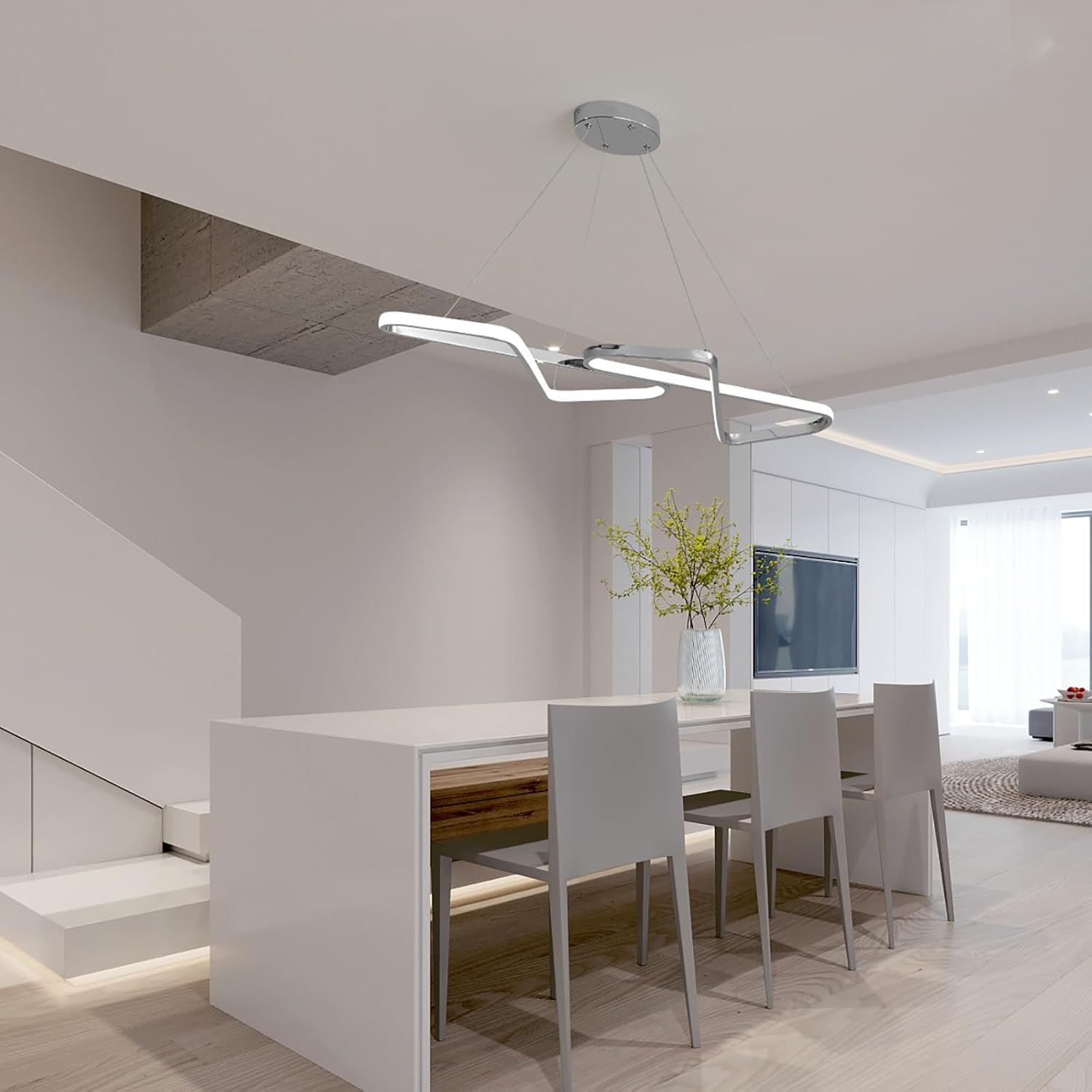 33" Modern Chrome Linear Chandelier, Dimmable LED Pendant Light with Adjustable Height, Sleek Mirror Finish for Dining Room, Kitchen Island, Living Room (3400LM, 3000K-6000K)
