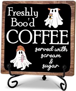 Freshly Boo'd Coffee Bar Decor - 5’’ Wooden Plaque With 1 Metal Support - Served With Scream & Sugar Wooden Coffee Sign -Thanksgiving Christmas Rustic Home Office Tabletop Shelf Decor & Supplies-A06
