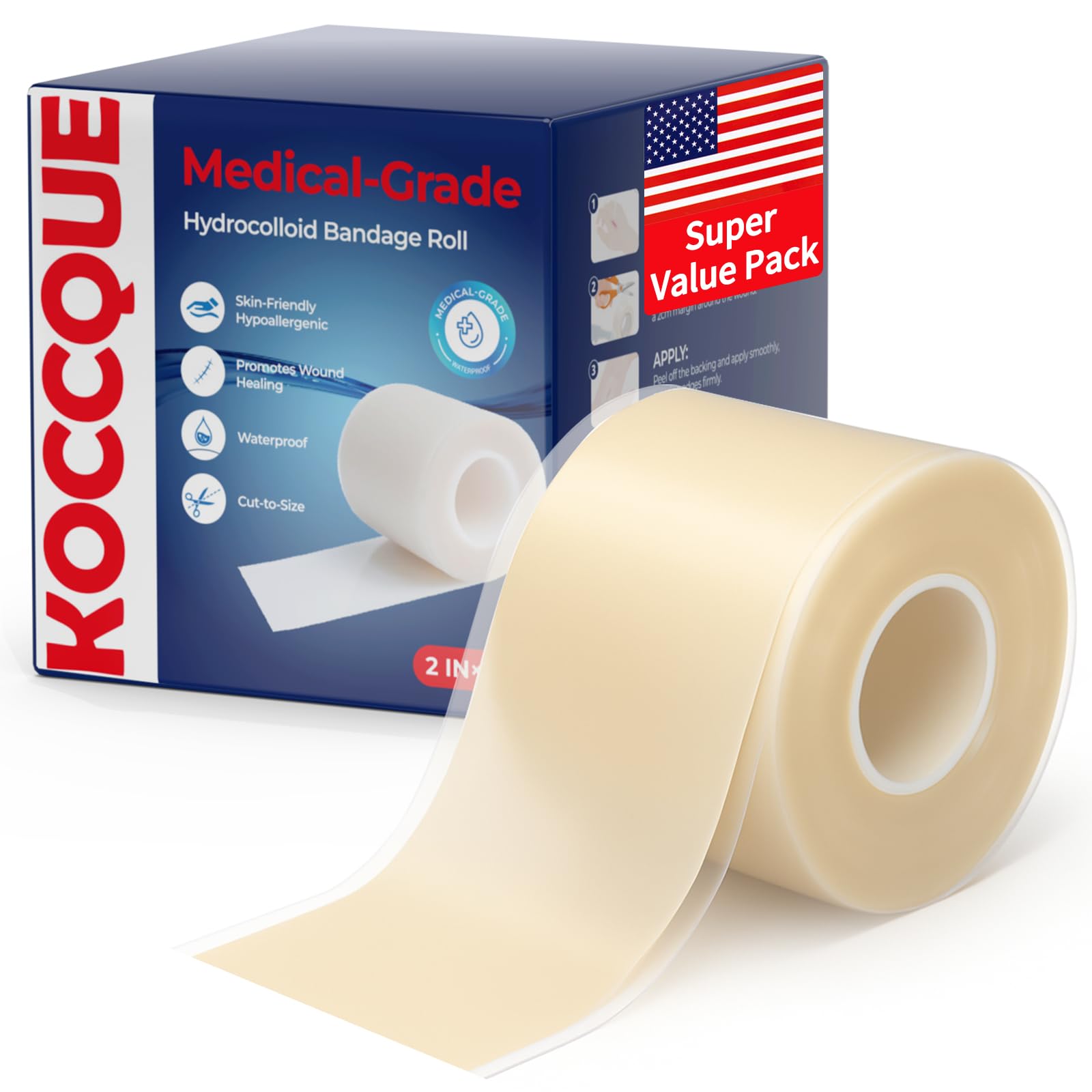 Hydrocolloid Bandages Roll for Wound Care: Medical Grade Hydrocolloid Tape Patch with Self-Adhesive - Cut-to-Size Waterproof Flexible Ultra Absorbent Dressing