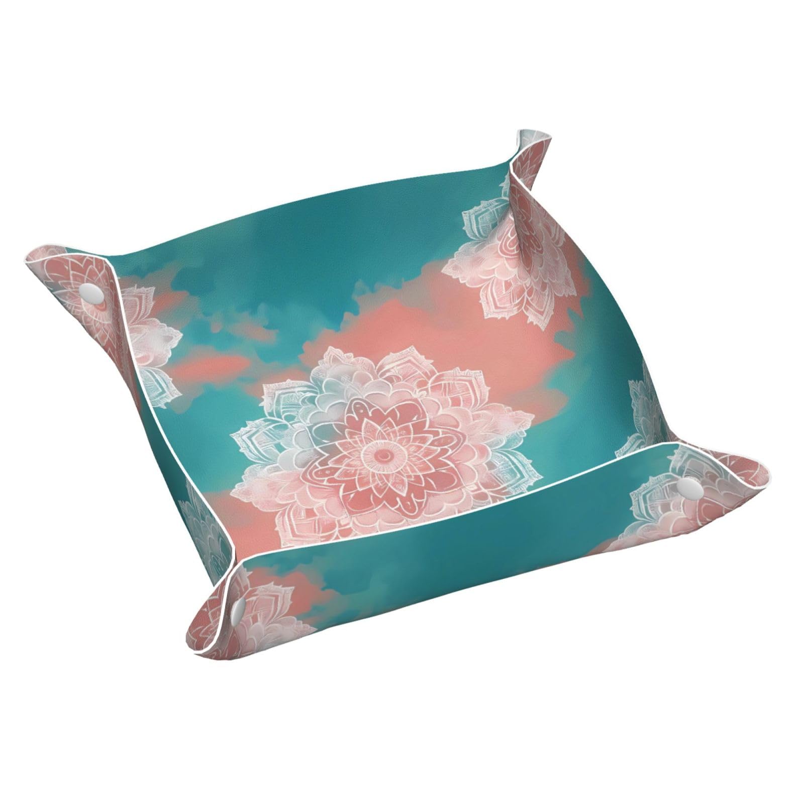 HLBSDM Pink and Teal Mandala Tray Men's Leather Valet Parking Portable Entrance Trays Bedside Storage Box
