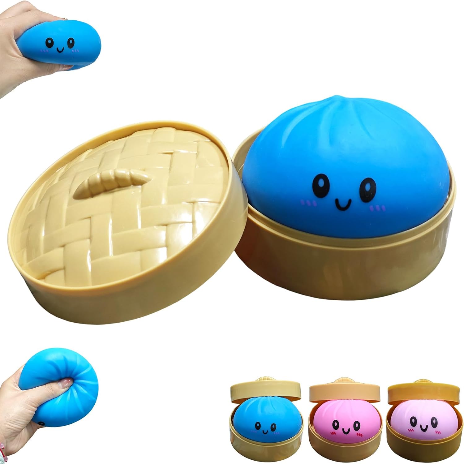 Dumpling Squishy Toy, Dumpling Squishy Mystery Box, Colorful Dumplings Stress Balls Fidget Sensory Toy, Squeeze Dough Ball Stress Relief Hand Toys with Food Steamer Stretchy Desk Toys (Blue)