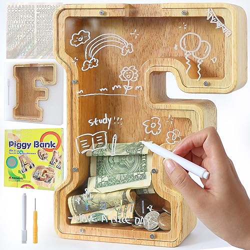 Mikytoper Letter Money Box for Kids Large Wooden Personalized A-Z Piggy Bank Clear Alphabet Money Bank Coin Bank for Gift Decoration Baptism (F)
