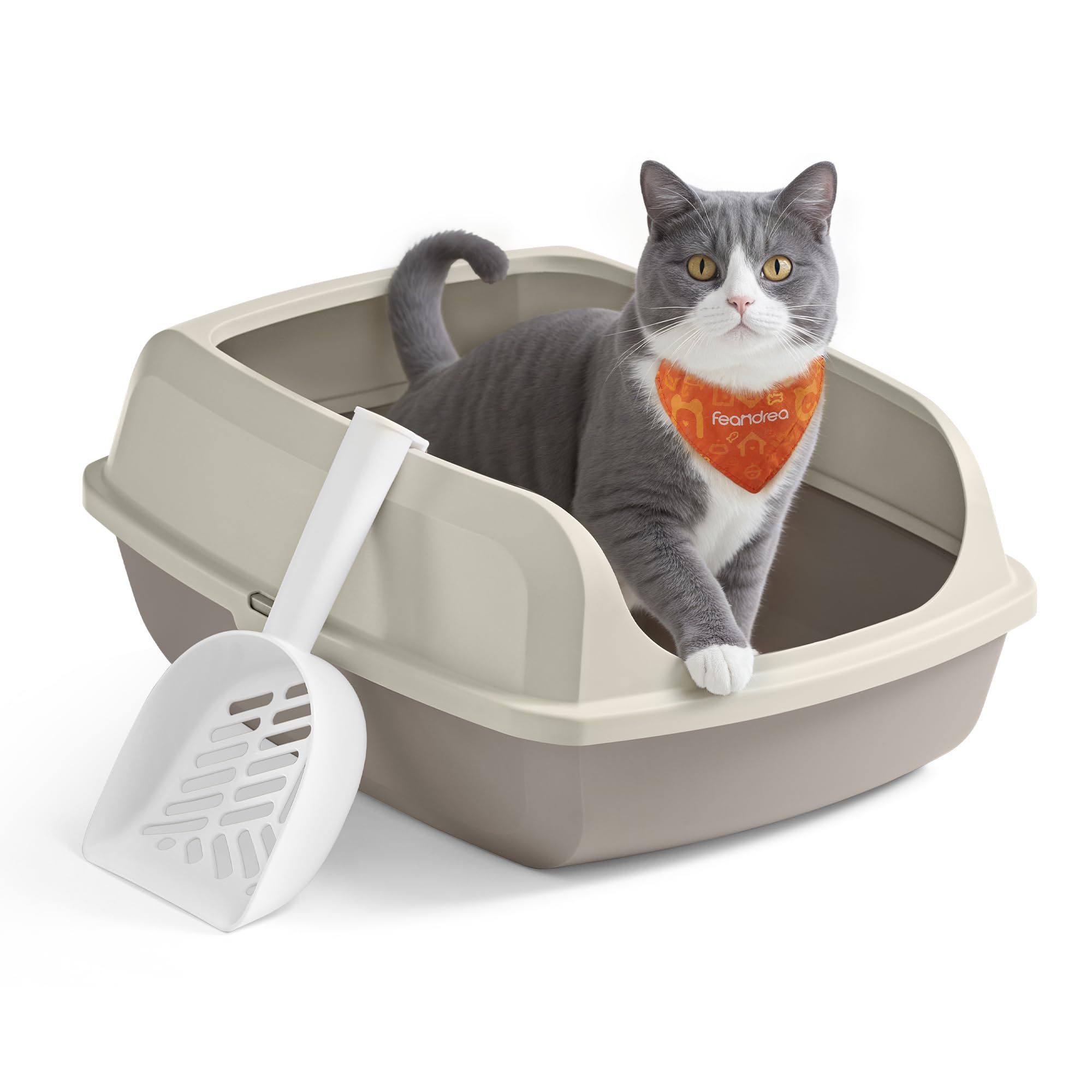 Feandrea Caja Arenero con Bordes Altos, Tamaño XL, Abierta, con Pala, para Gatitos y Gatos Grandes, Beige Capuchino PPT009LH01