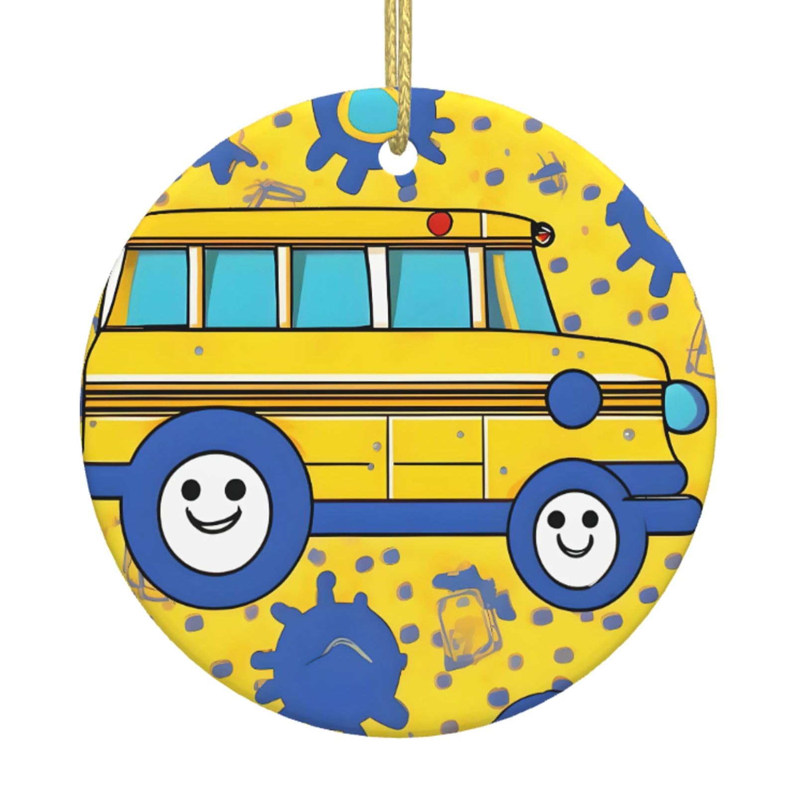 School Bus Print Print Christmas Ornaments, Ceramic Hanging Ornament, Round Shape Decorations