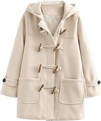 Womens Fashion Horn Button Woolen Thicken Coat with Hood Winter Warm Quilted Lined Jacket Double Breasted Trench Coats