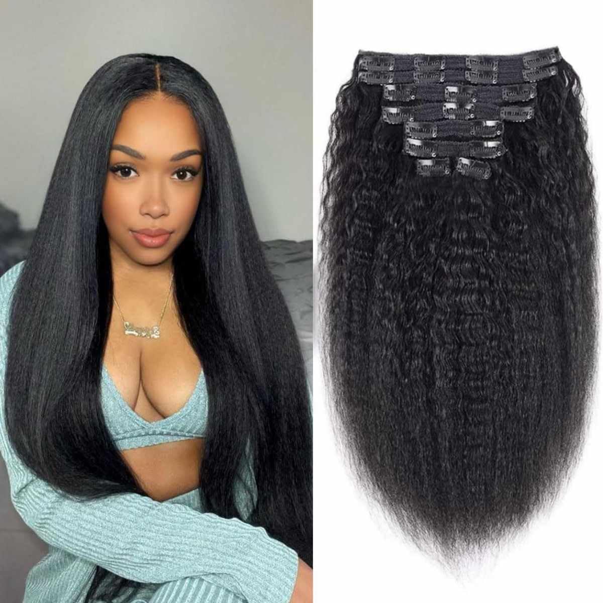 Yaki Straight Clip in Extensions Echthaar，40cm 16 Zoll 8PCS 100g Natürliches Schwarz Haarverlängerung für Frauen Kinky Straight Remy Hair Extensions Clip in
