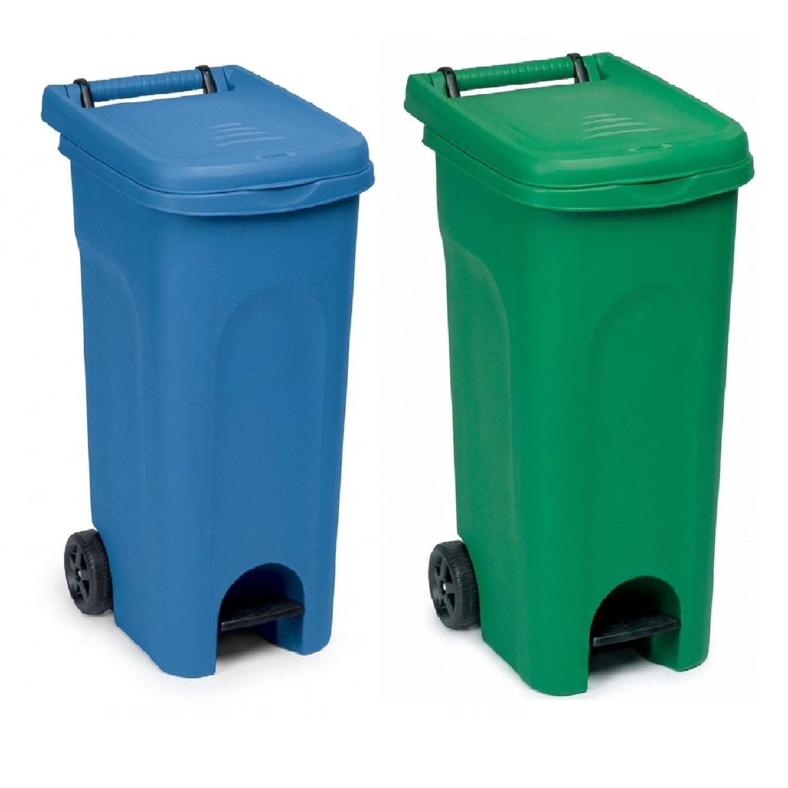 2 Bidoni 80 Litri blu e verde Carrello con Ruote Pedale e coperchio Raccolta spazzatura Differenziata da Esterno e Interno Anello Ferma Sacco Contenitore Secchio Rifiuti domestico e professionale