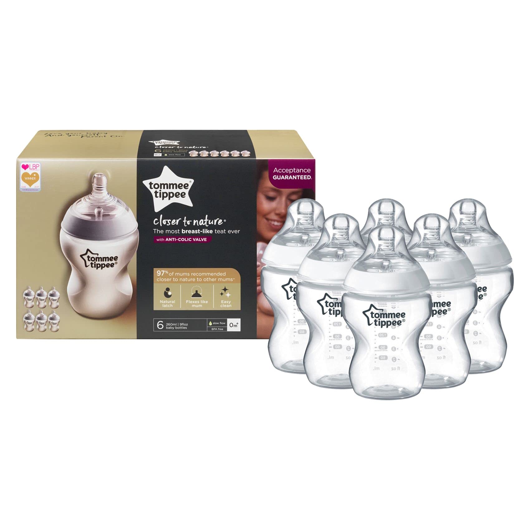Tommee Tippee Closer to Nature Baby Bottles, Breast-Like Teat with Anti-Colic Valve, 260ml, Pack of 6, Clear