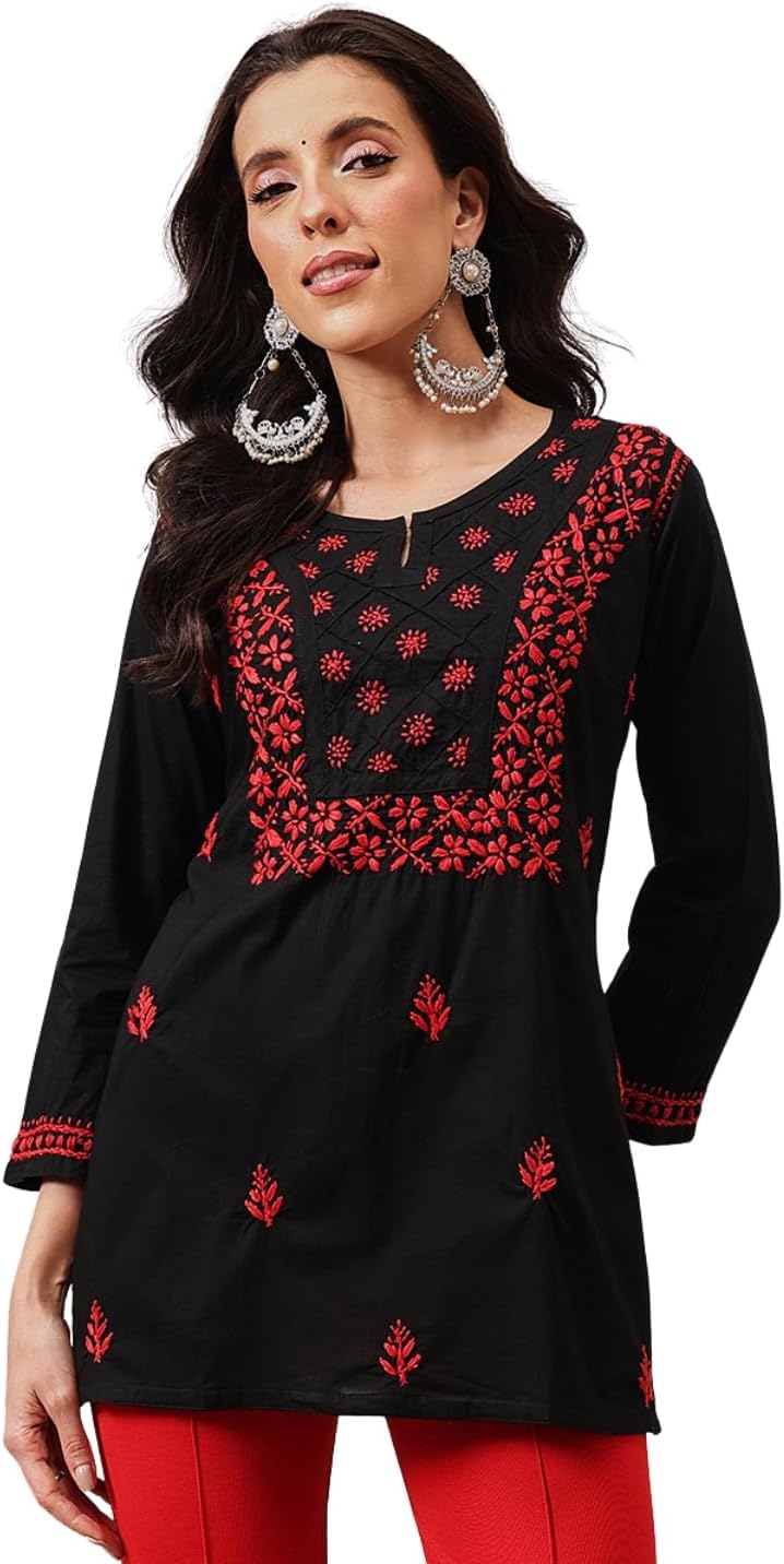 Ada Indian Hand Embroidered Chikankari Cotton Short Top Tunic Kurti Shirt for Women A100555 Black