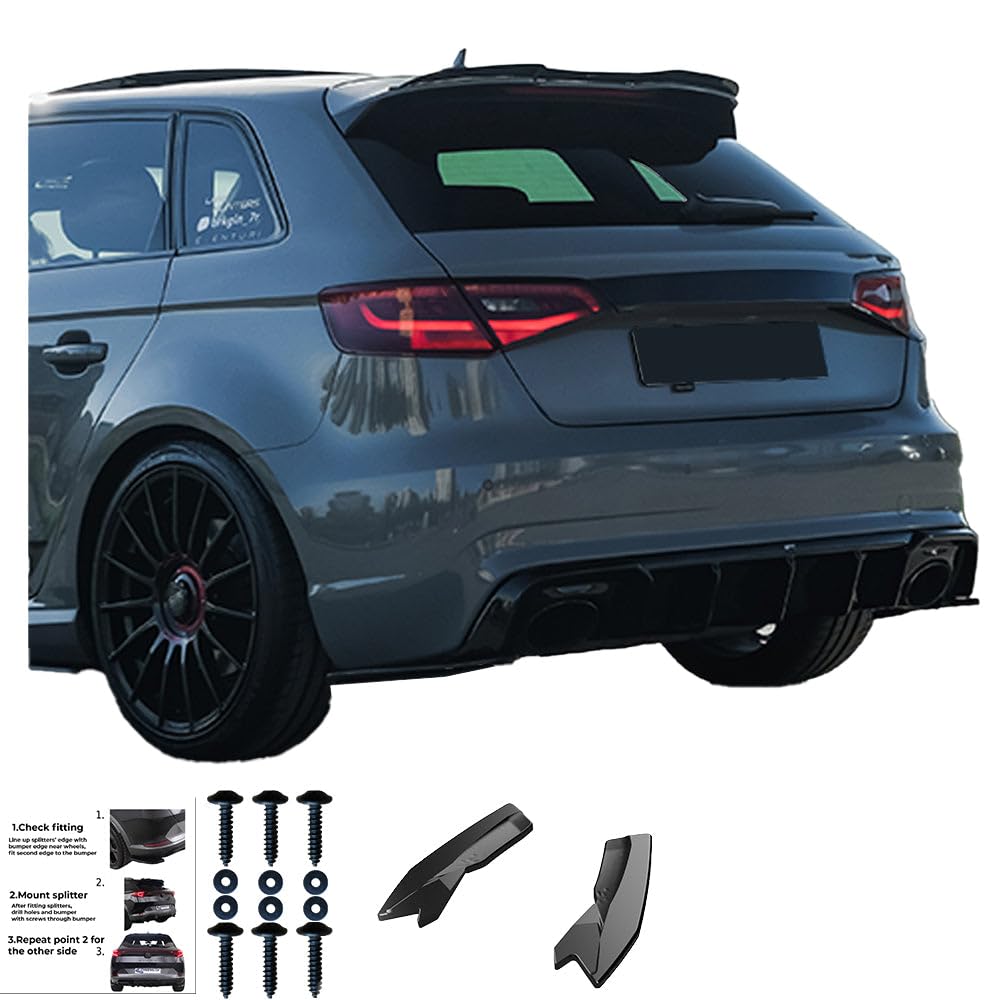 Oneway Jupes de pare-chocs arrière (coins) compatible avec Audi RS3 8V Sportback 2015-2016 - Noir brillant