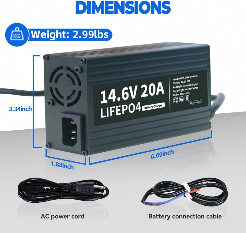 Diagram showing the dimensions of the HYSINCERE 14.6V 20A LiFePO4 Battery Charger: 6.69 inches length, 3.34 inches width, 1.88 inches height, and a weight of 2.99 lbs. Also shows the AC power cord and battery connection cable.