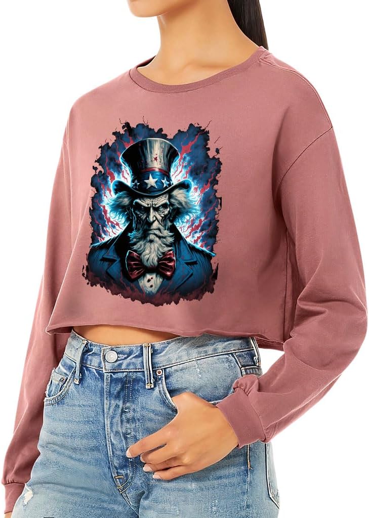 Patriotic Design Cropped Long Sleeve T-Shirt - USA Lovers Gifts - Great Gift