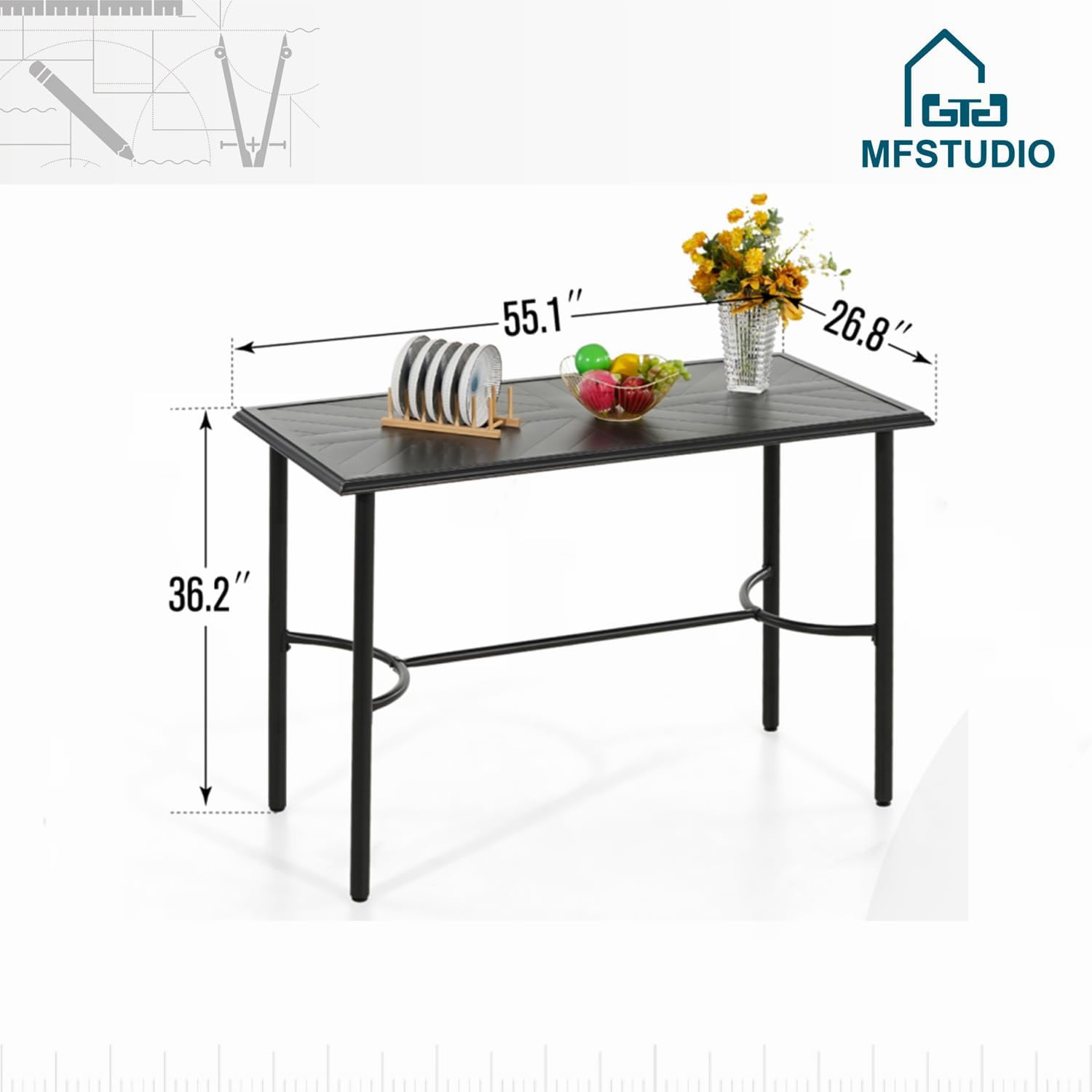 MFSTUDIO 36.2” Patio Counter Height Bar Table, with Rectangular Heavy Duty Metal Table Top for 4, All Weather Resistant Outdoor Table, Black