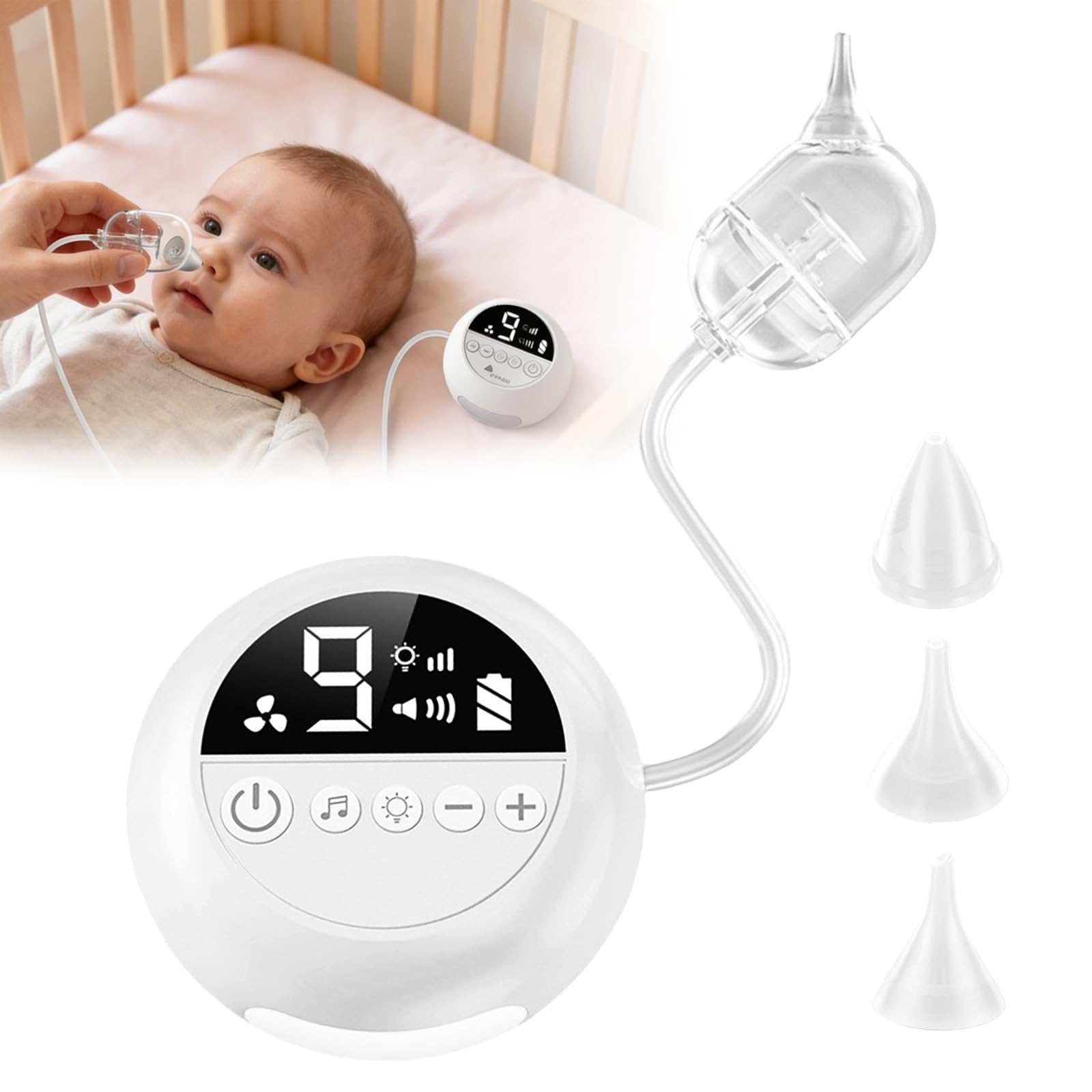 Nasensauger Baby Elektrisch mit 9 Saugstufen,7 Lichtmodi,Beruhigender Musik Und 3 GrößEn Von SilikondüSen In LebensmittelqualitäT,Baby Nasensauger Elektrisch für Kinder von 0 bis 12 Jahren