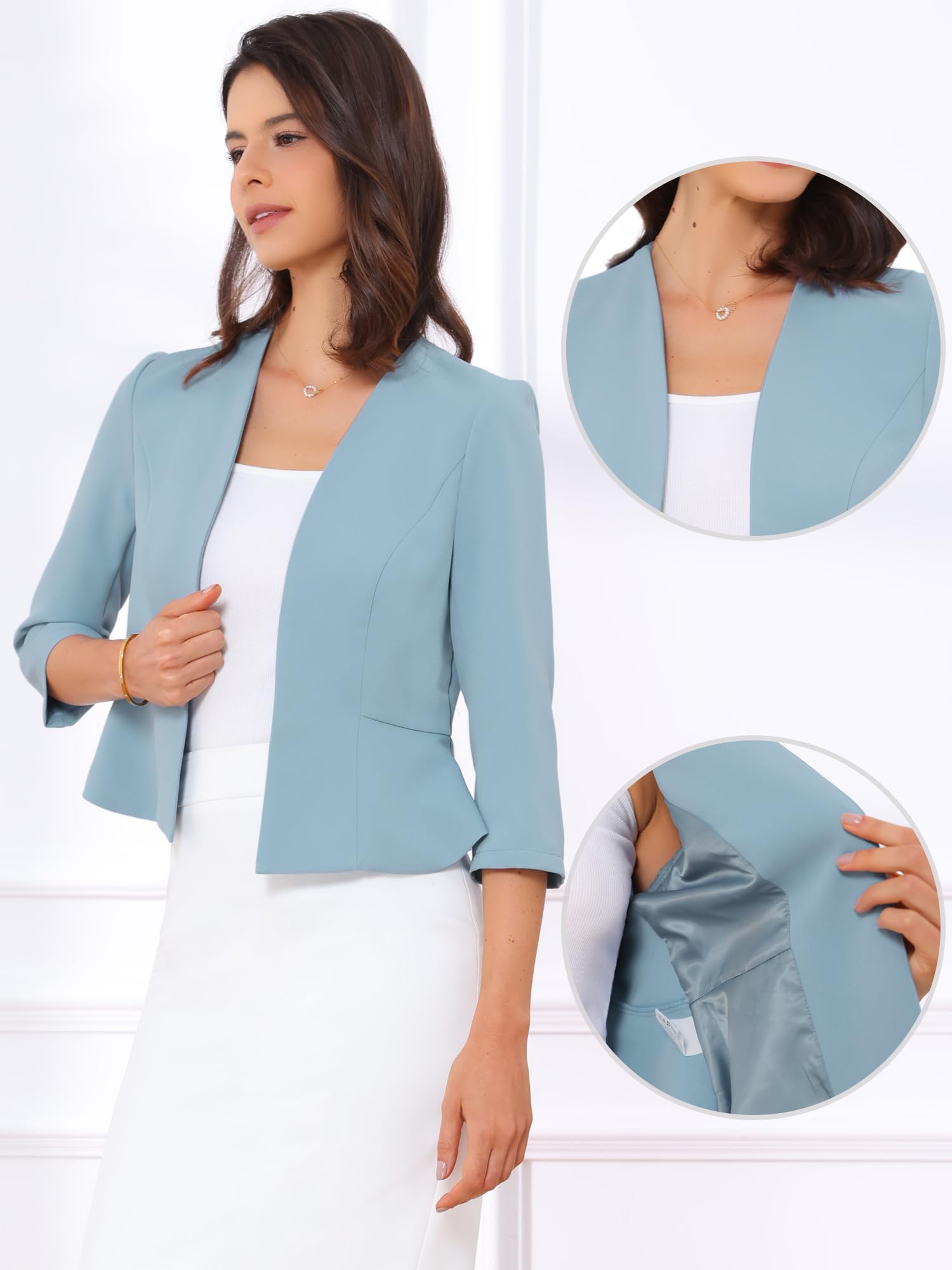 Allegra K Blazer court décontracté pour femme, à manches courtes, sans col, ouvert sur le devant, veste de travail