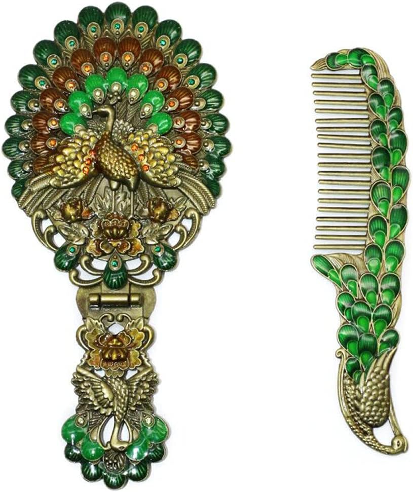 Rayberro Vintage Handheld Mirror with Comb Set, Metal Embossed Peacock Vintage Hand Mirror, Face Beauty Makeup Mirror, Foldable Personal Cosmetic Mirror, Portable Compact Travel Mirror (Green)